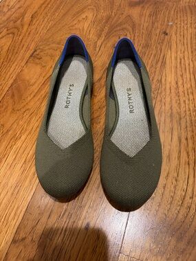 Rothy's Olive Green Knit Slip-On Flats with Blue Heel Trim